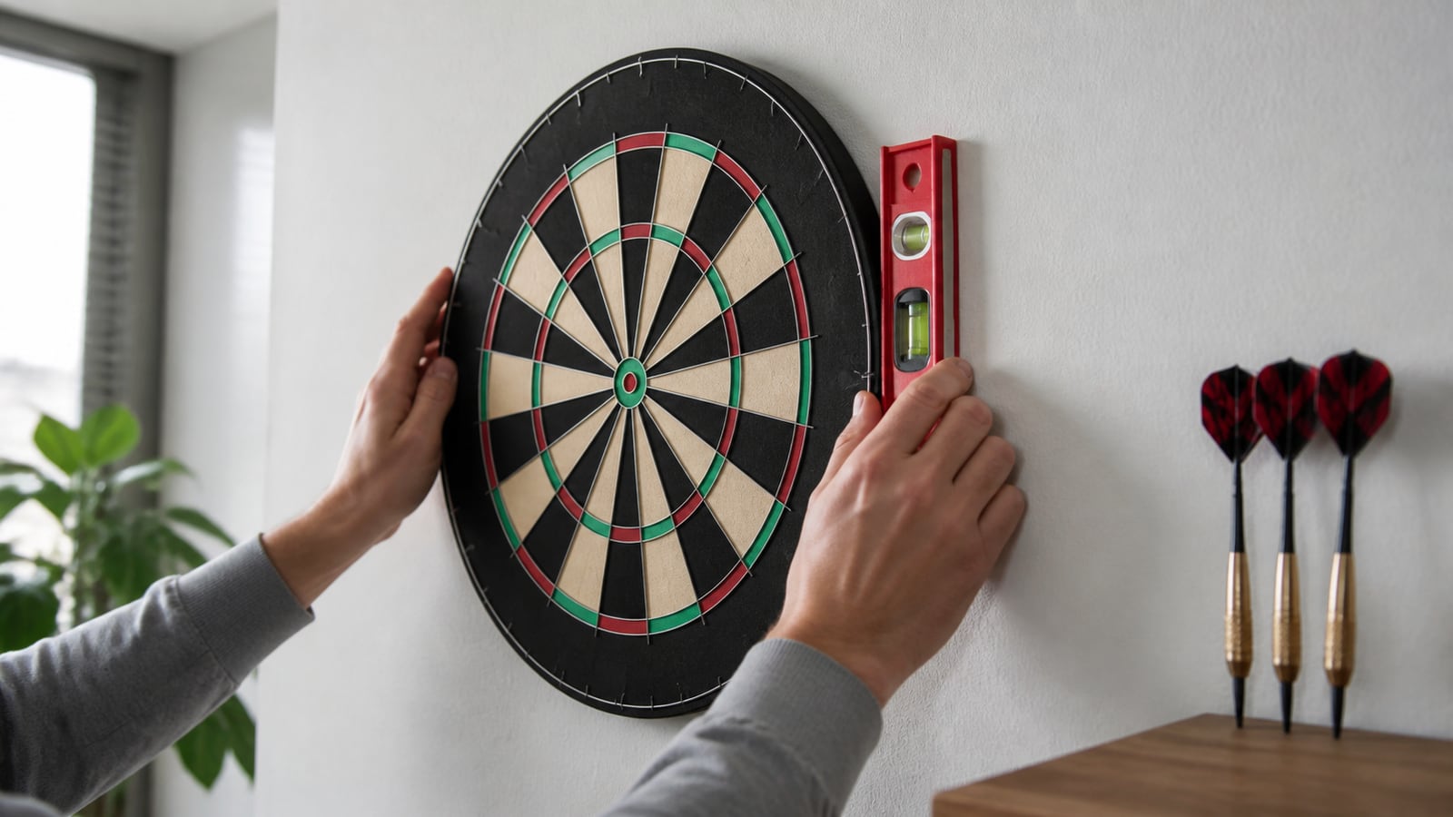 Een spirit level wordt gebruikt om een dartbord recht te hangen