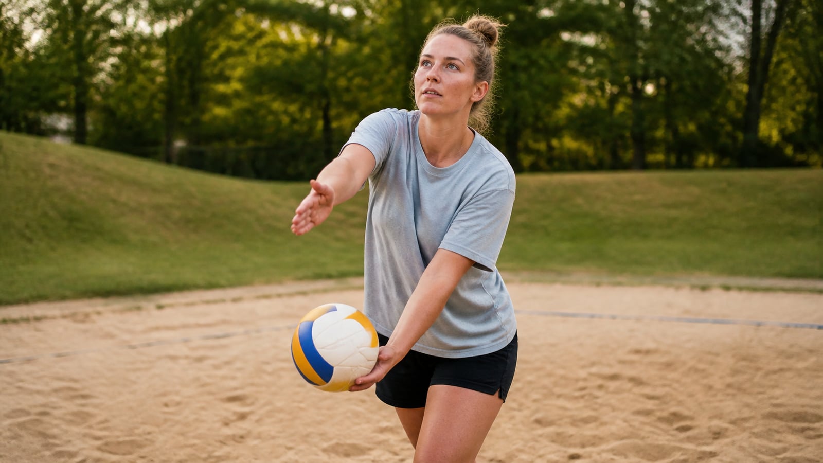 Een recreatieve speler oefent een onderhandse volleybalservice
